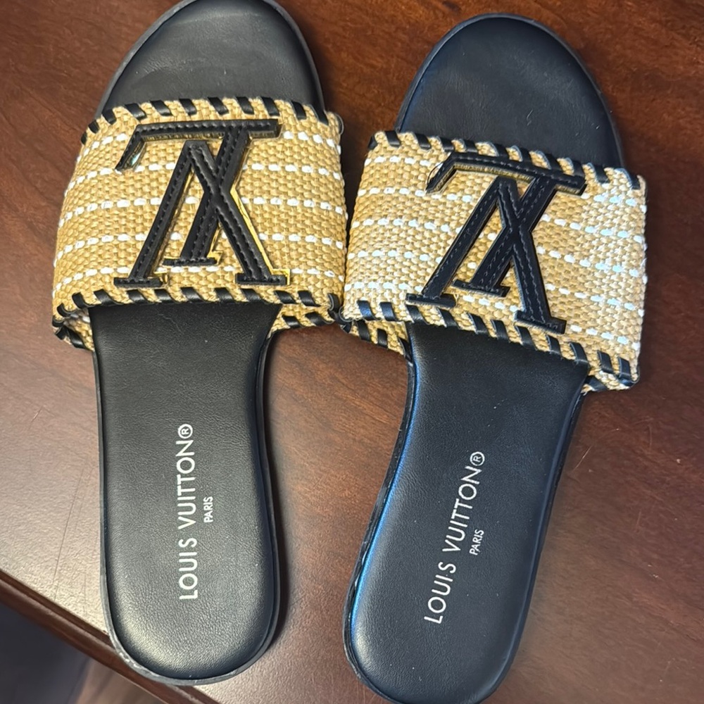 LV Black and Tan Sandals with Woven Strap